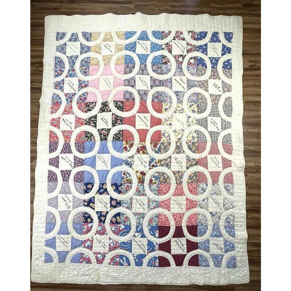 Vintage Hand Quilted Autograph Signature Circle Quilt Bible Verse 64” x 83”